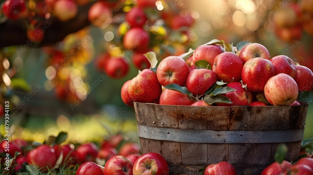 A rustic wooden basket overflowing with fresh red apples sits in a sunlit orchard, capturing the essence of a bountiful harvest amidst the soft glow of the evening sun. A rustic wooden basket overflowing with fresh red apples sits in a sunlit orchard, capturing the essence of a bountiful harvest amidst the soft glow of the evening sun.
