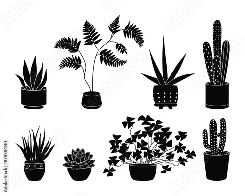 Potted plants silhouette icon set. Black color indoor houseplants in flowerpots. Botanical floral elements in pots for home decor. Flat monochrome vector illustration isolated on white background.