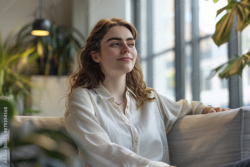 Contemplative female project manager with a light smile looking away and relaxing on sofa in modern office. Contemplative female project manager with a light smile looking away and relaxing on sofa in modern office.