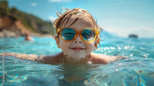 A young child with yellow sunglasses floats in the clear blue sea, enjoying the cool water and sunny day, embodying the essence of carefree childhood and summertime fun.