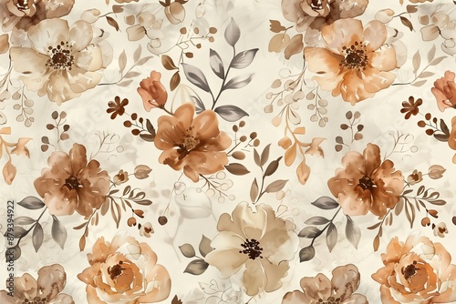 Earthy Blossoms. Bohemian Aesthetic in Warm Tones. Seamless Pattern with Flowers and Leaves. Hand Drawn Background. Floral Pattern for Wallpaper or Fabric