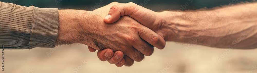 Fototapeta premium Two hands shake, symbolizing agreement and partnership.