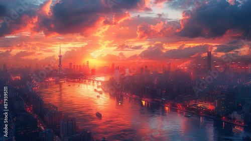 A City Awakens in Crimson Hues as the Sun Rises Over the River. Generative AI