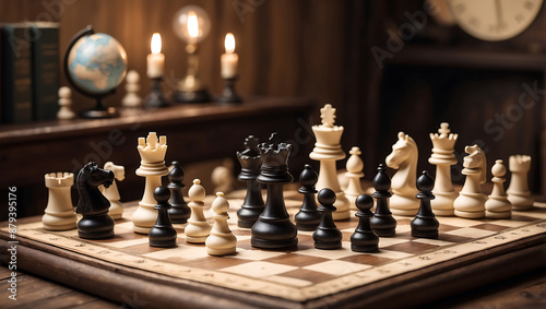 International chess day, a chessboard with various white and black chess pieces mid game, placed on an antique wooden table with background is slightly blurred