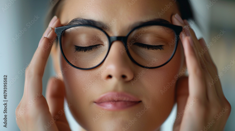 Close up of exhausted woman massaging eyelids, taking off glasses, tired freelancer or student suffering from eyestrain or dry eye syndrome, feeling dizziness or headache after long hours work Close up of exhausted woman massaging eyelids, taking off glasses, tired freelancer or student suffering from eyestrain or dry eye syndrome, feeling dizziness or headache after long hours work