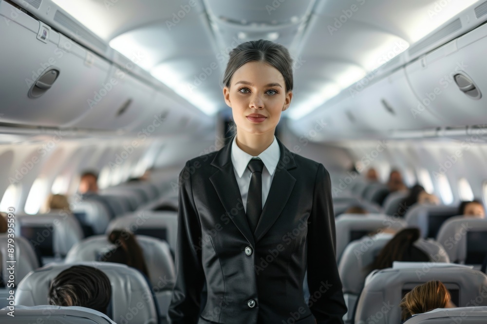 A stewardess standing confidently in the aisle of an airplane, ensuring everything is in order before takeoff