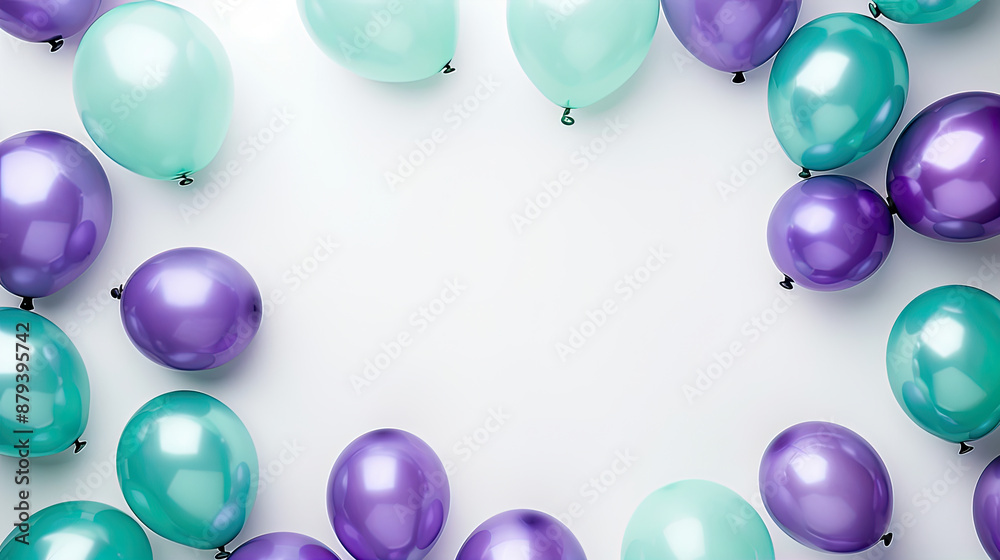 Decorative balloons in teal, green, and purple arranged making a white copy space on a white backdrop Decorative balloons in teal, green, and purple arranged making a white copy space on a white backdrop