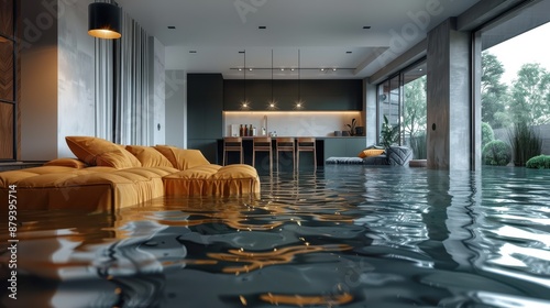 The image shows a modern living room with a stylish mustard-colored sofa partially submerged in floodwater, blending indoor comfort with nature's encroachment creating an unusual scene.