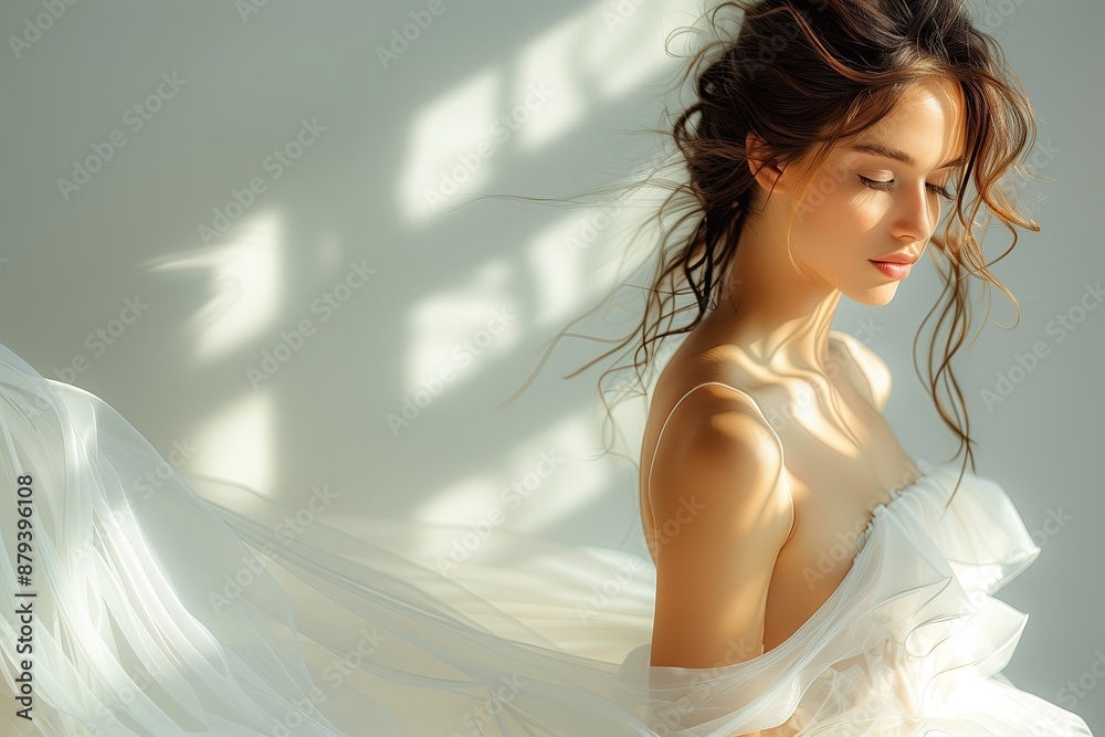 beautiful young woman in white flying fabric on white background with shadows beautiful young woman in white flying fabric on white background with shadows