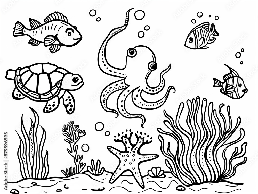 Fototapeta premium illustration of Sea Animals cute Collection - Coloring book.