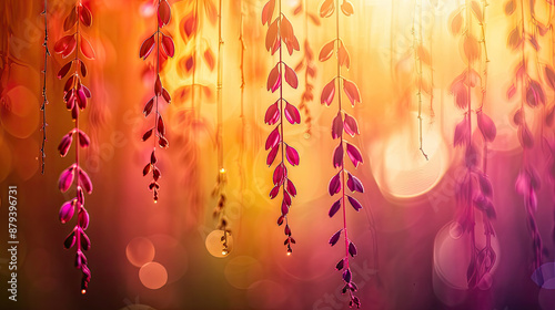 Fototapeta Naklejka Na Ścianę i Meble -  Elegant colorful with vibrant leaves hanging branches illustration background. Bright color 3d abstraction wallpaper for interior mural, Generated by AI