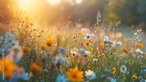 A peaceful meadow at dawn, wildflowers in bloom, soft morning light