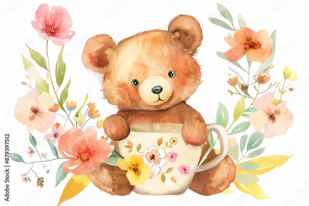 Cute teddy bear holding a mug surrounded by pastel flowers, watercolor style for children decor Cute teddy bear holding a mug surrounded by pastel flowers, watercolor style for children decor