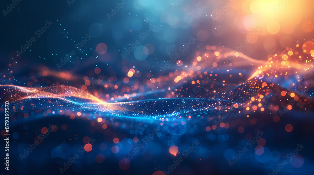 Fototapeta premium Abstract digital wave of glowing particles in blue and orange hues, resembling a futuristic data landscape.