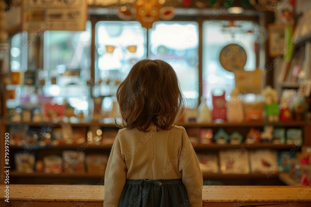 Little girl standing in front of shelves full of toys and looking at them, in a shop with a wooden counter Little girl standing in front of shelves full of toys and looking at them, in a shop with a wooden counter