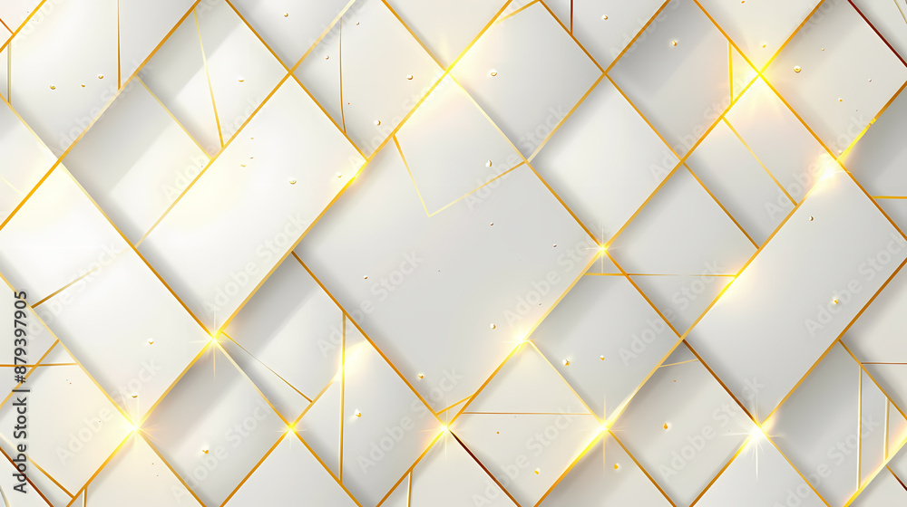 Elegant geometric background with white tiles and gold accents creating a sophisticated, luxurious pattern. Elegant geometric background with white tiles and gold accents creating a sophisticated, luxurious pattern.