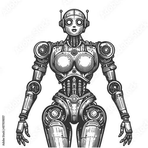 futuristic female robot with intricate mechanical components and humanoid design sketch engraving generative ai fictional character vector illustration. Scratch board imitation. Black and white image.