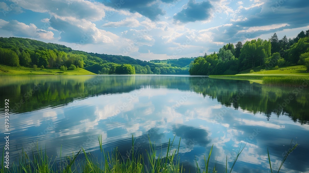 Fototapeta premium The view of a tranquil lake surrounded image