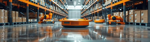 E-commerce warehouse with robots sorting and packing orders, highlighting automation in logistics photo