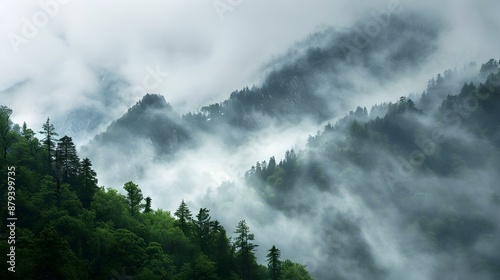 Mountains shrouded in thick fog in which image