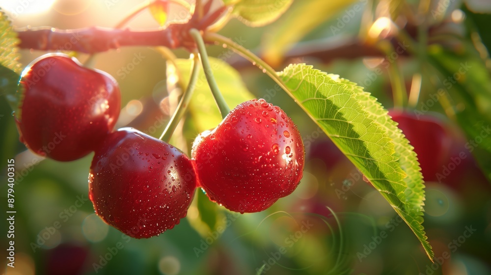 Obraz premium Warm Golden Sunlight Illuminates Dewy Red Cherries Hanging Among Green Orchard Leaves Creating A Fresh Calm And Naturally Vibrant Scene