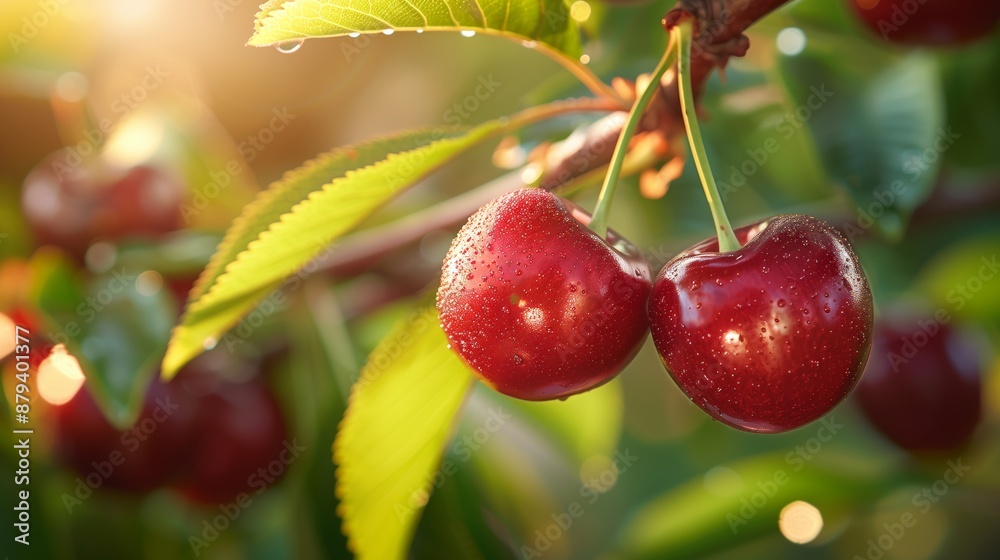 Bright Ripe Cherries Clustered on Tree Branch in Morning Light
