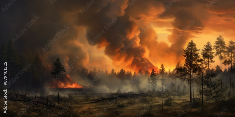 Fototapeta premium A large fire was burning on the side of a mountain at night, Countryside forest with a cloudy sky covered by fire smoke during the evening