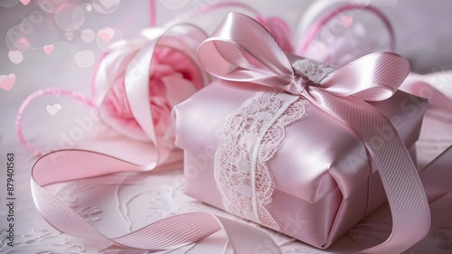 Present boxes with ribbons and bokeh