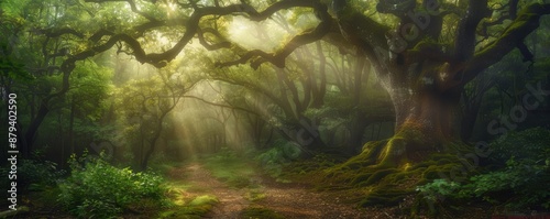 Mystical forest path with sunlight filtering through the canopy. © Adisak