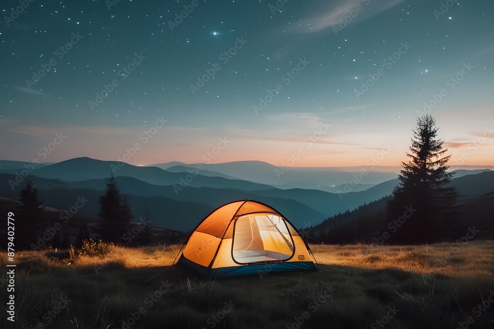 Glowing tent under starry night in serene mountains with rolling hills and pine trees Glowing tent under starry night in serene mountains with rolling hills and pine trees