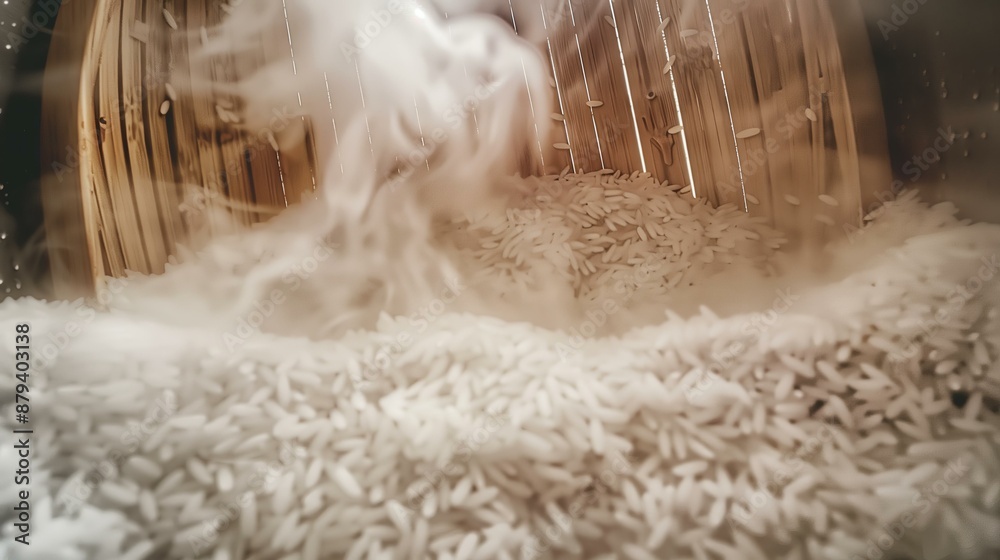 Close-up view of steaming white rice freshly cooked in a traditional bamboo steamer. Close-up view of steaming white rice freshly cooked in a traditional bamboo steamer.