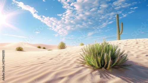 A desert scene with a cactus in the foreground