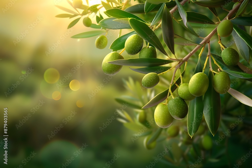 Close-up of ripe green olives hanging from a tree branch on a sunny day. Close-up of ripe green olives hanging from a tree branch on a sunny day.