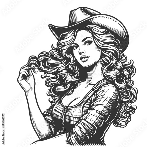 cowgirl wearing a cowboy hat and classic Western attire sketch engraving generative ai fictional character vector illustration. Scratch board imitation. Black and white image.