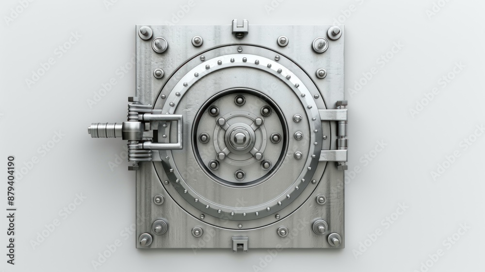 Bank vault door with secure locking mechanisms on white background