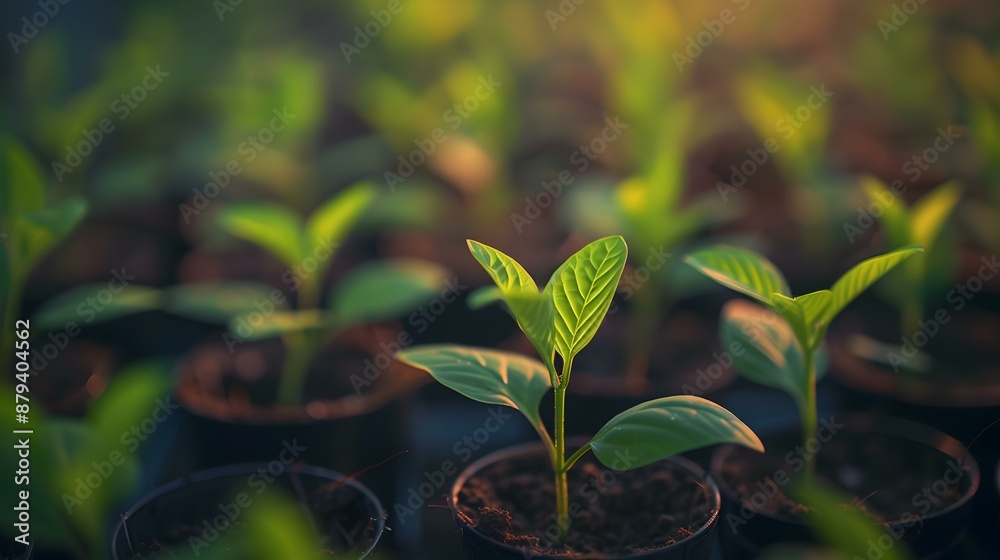 Small tree seedlings growing in pots are neatly Small tree seedlings growing in pots are neatly