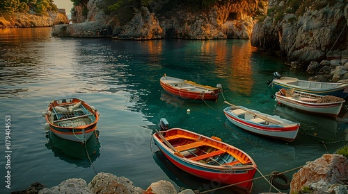 Small fishing boats moored in a quiet bay img