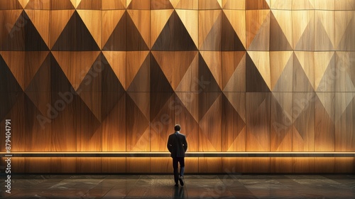 A man stands in front of a wall with a lot of wood and triangles