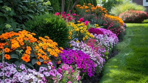 Mixborder of colorful annuals and perennials including petunias picture