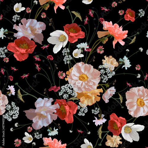 Vector Seamless Pattern. Garden flowers. Magical flowers on black background. Realistic vector image. Print for all types of surfaces. Trendy print. 