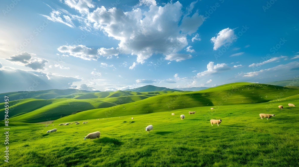 The sheep scattered across the green hills picture The sheep scattered across the green hills picture