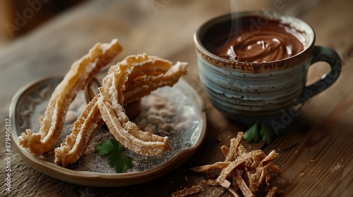 Freshly made churros with a hot chocolate dip, served on a rustic wooden table.