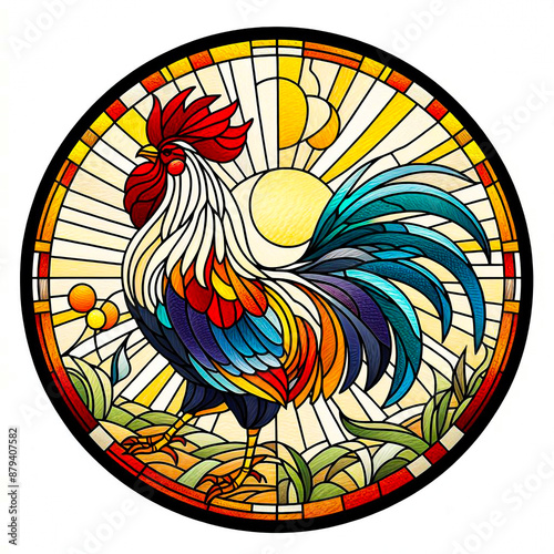 Eastern Constellations: Stained Glass Inspired Illustration, Chinese Zodiacs Radiate in Circular Tiles Against White Backdrop (Rooster)