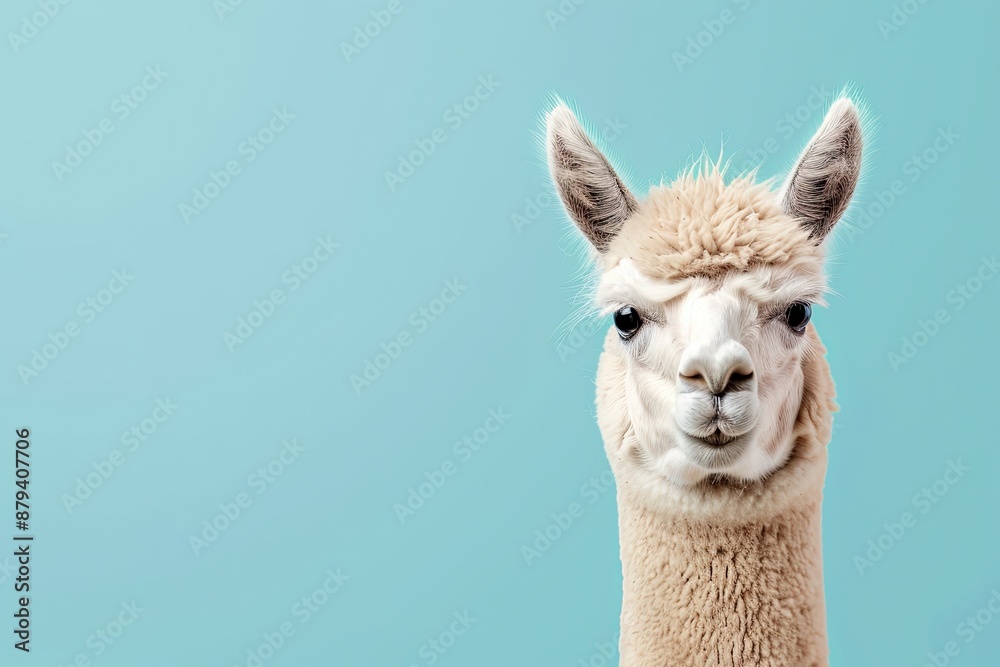 Obraz premium Fluffy white llama with soft fur looking at the camera with a curious expression