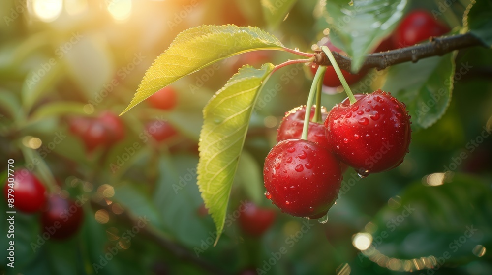 Bright Ripe Cherries Clustered on Tree Branch in Morning Light Bright Ripe Cherries Clustered on Tree Branch in Morning Light