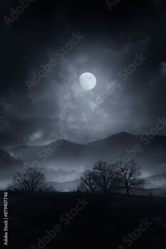 dark horror night landscape with full moon in the clouds