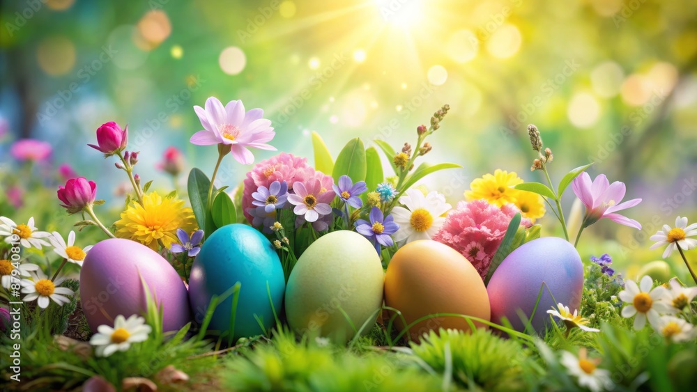 Vibrant pastel-colored Easter eggs nestled among lush greenery and vibrant spring flowers against a soft, serene, sunny holiday background. Vibrant pastel-colored Easter eggs nestled among lush greenery and vibrant spring flowers against a soft, serene, sunny holiday background.