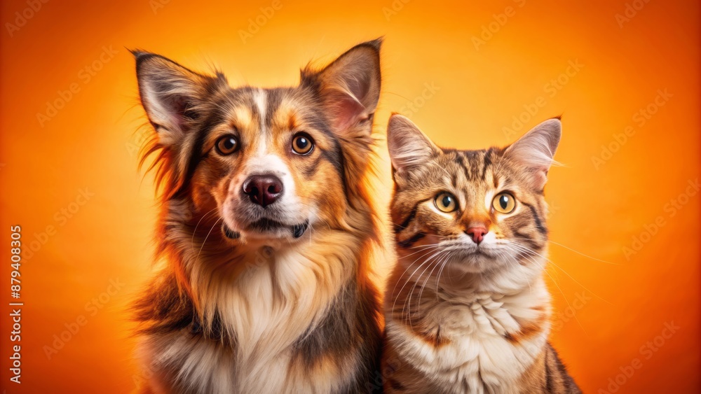 Fototapeta premium Adorable canine and feline friends pose in harmony against a radiant orange background, exuding warmth and tender companionship.