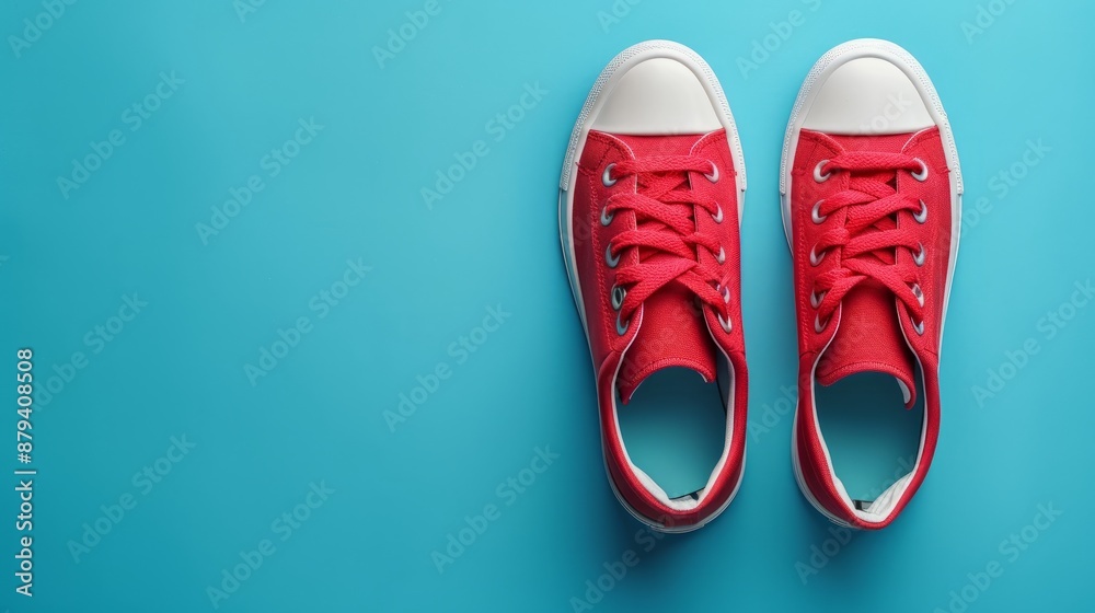 Red sneakers on a blue background Red sneakers on a blue background