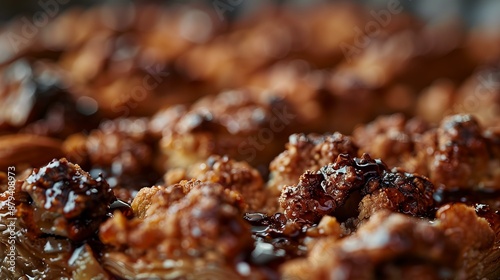 Close-up of deliciously baked pastries topped with caramelized nuts and drizzled with chocolate.